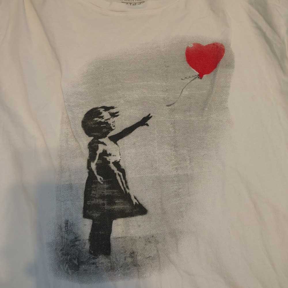 Faces Organic T-shirt Banksy Girl with Balloon White Cotton Graphic Tee Large